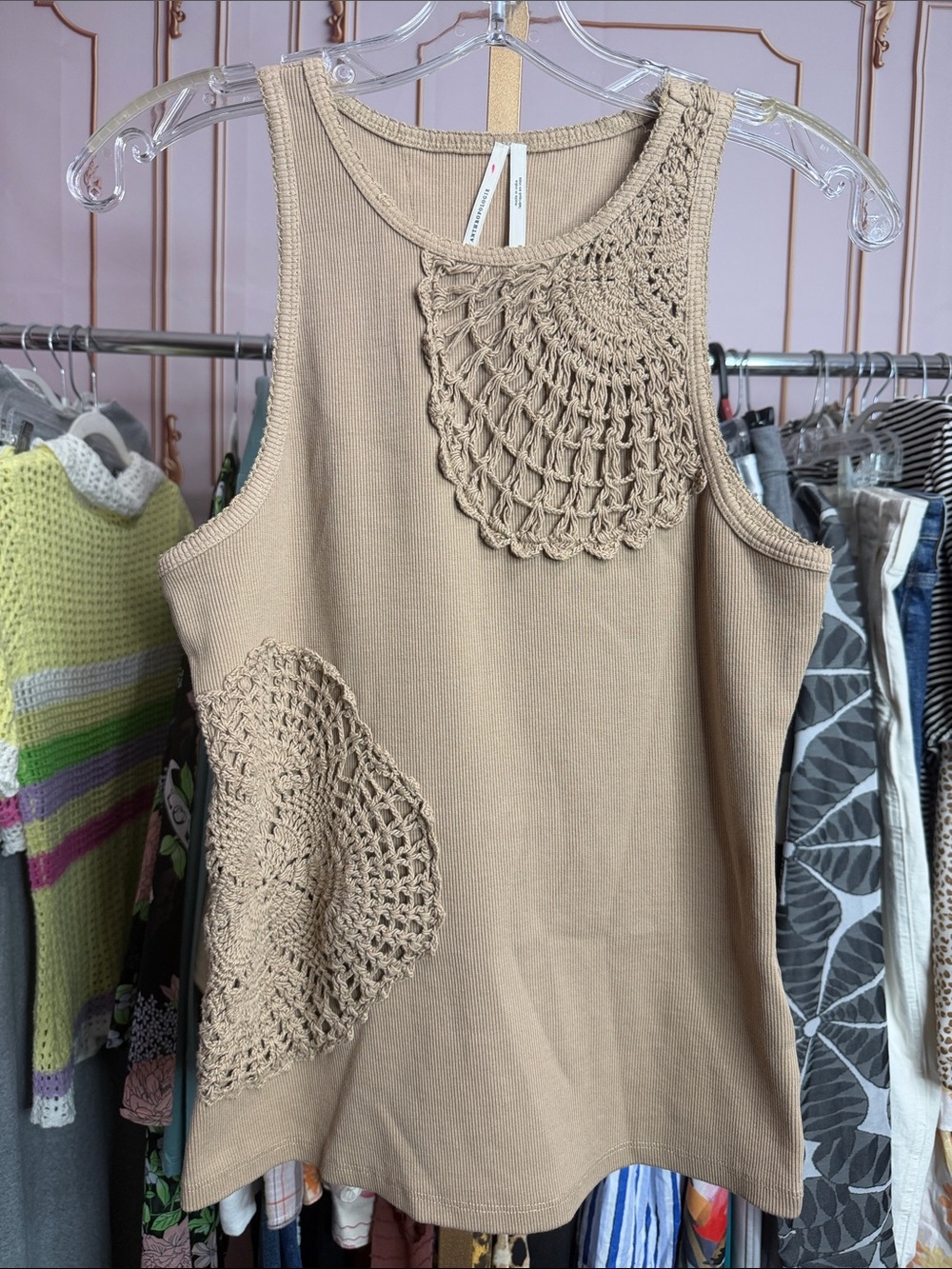 Anthropologie Crochet Appliqué Ribbed Neutral Beige Boho Sleeveless Tank Top - Picture 2 of 11